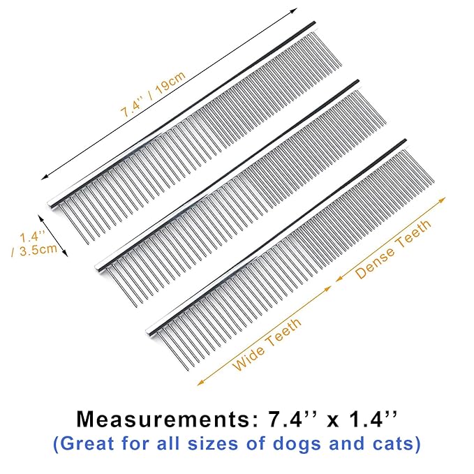 Kopal Stainless Steel Comb Set for Dogs and Cats, Pet Metal Brusher, Silver, Pack of 3