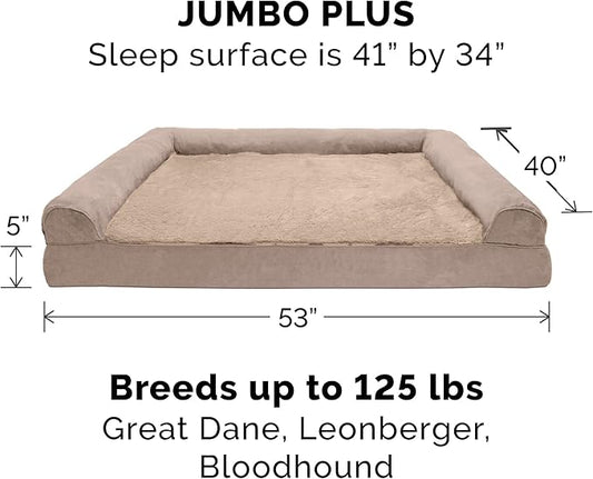 Furhaven Orthopedic Dog Bed for Large Dogs w/ Removable Bolsters & Washable Cover, For Dogs Up to 125 lbs - Plush & Suede Sofa - Almondine, Jumbo Plus/XXL