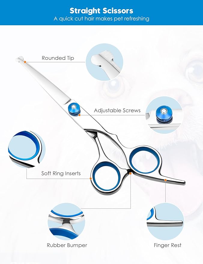 SUMFREY Dog Grooming Scissors with Safety Round Tips,Professional 5 in 1 Dog Grooming Kit ,Dog Scissors for Grooming Sharp and Durable, DGS001