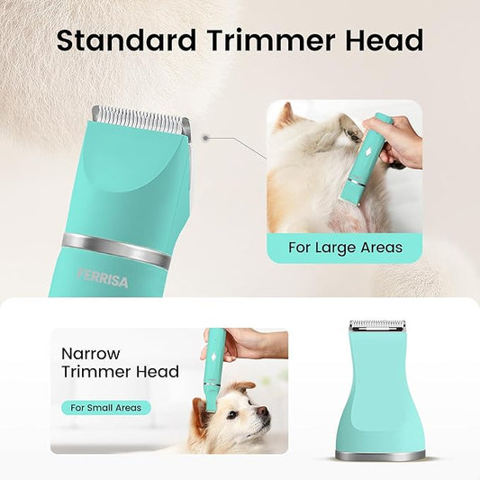 FERRISA 2 in 1 Dog Clippers for Grooming, Dog Hair Clipper for Grooming, Quiet Small Pet Grooming Kit, Electric Pet Hair Trimmer, Waterproof Cat Clipper with 2 Trimming Heads