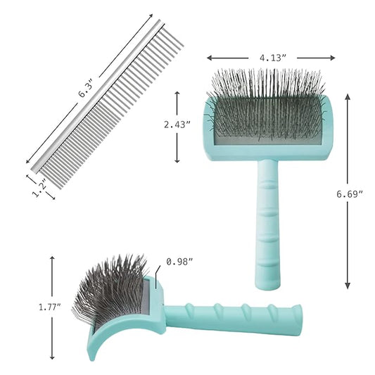Large Slicker Brush & Green-comb Value Kit, Extra Long Pin Dog Grooming Brush for Curly Hair Goldendoodles, Removes Long and Loose Hair & Undercoat