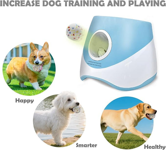 Automatic Dog Ball Launcher for Samll to Medium Dogs, Upgraded Interactive Toy Balls Thrower, Distance Adjustable Mental Stimulating Dog Toys with 4 Etpu Balls 2.2 Inch (Blue)