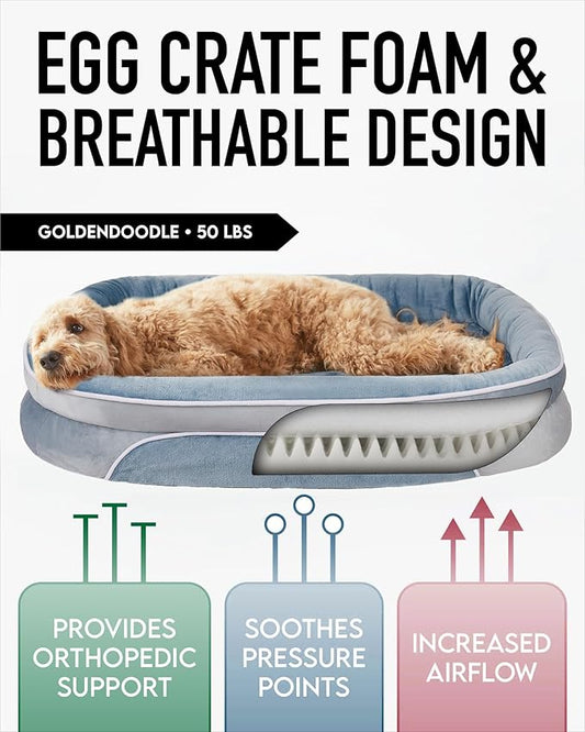 OhGeni Orthopedic Dog Bed for Extra Large Dogs, Dog Couch Design with Egg Foam Support, Removable, Washable Plush Cover and Non-Slip Bottom with Four Sided Bolster Cushion (Washed Blue)