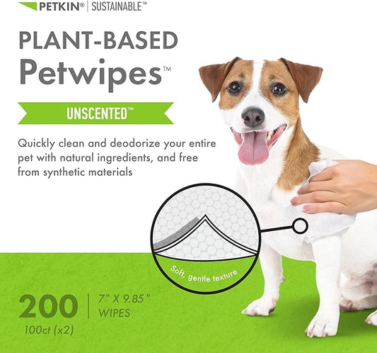 Petkin Plant-Based PetWipes, 100 Wipes, 2 Pack - Biobased, Sustainable, Big & Thick Pet Wipes for Dogs & Cats - for Face, Paws, Ears, Body & Eye Area - Consciously Cleans & Conditions - Unscented