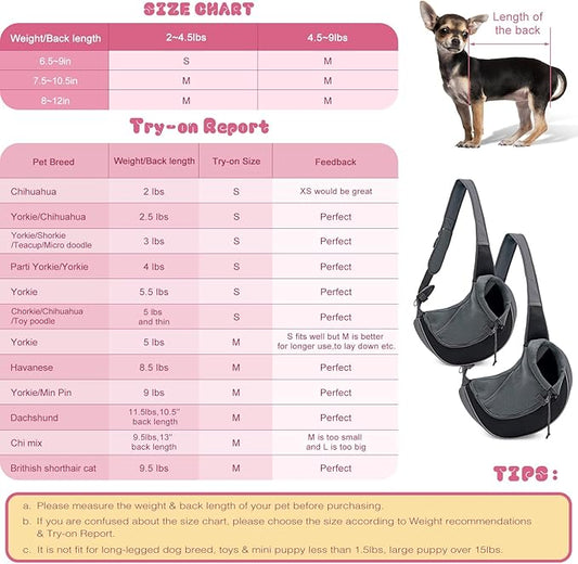 YUDODO Pet Dog Sling Carrier Mesh Hand Free Adjustable Dog Satchel Carrier Bag Papoose Crossbody for Small Medium Dog Cat Rabbit (S(up to 5 lbs), Black)