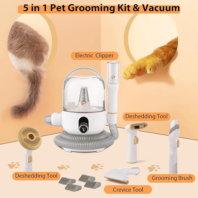 Pet Grooming Kit & Vacuum Suction 99% Pet Hair, 5 In-1 Pet Grooming Kit With 2L Large Capacity Dust Cup, Low Noise Dog Hair Remover for Shedding Grooming Dogs Cats and Other Animals,