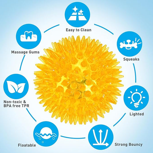 6-Pack 3.5” LED Light-Up Squeaky Dog Toy Balls ,Durable Interactive Glow Fetch Toys for Aggressive Chewers,BPA Free Non-Toxic, Spiky Puppy Chew Balls