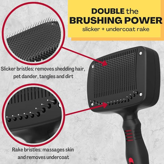 Self Cleaning Slicker TWO in One Brush - Updated Button - Slicker & Undercoat Rake - Remove Shedding Dog Hair, Undercoat & Mats, for Medium & Long Haired Dogs, Great for Husky, GSD