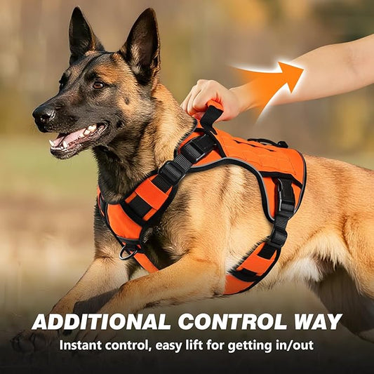 WINGOIN Orange Tactical Dog Harness for Large Dogs, Heavy Duty No Pull Dog Harness with Handle, Adjustable Reflective Military K9 German Shepherd Big Size Dog Vest for Walking, Training, Hunting (L)