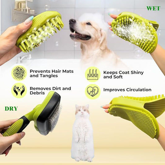 Self Cleaning Slicker Brush for Dogs Cats plus Rubber Pet Bath Brushes for Grooming, DeShedding, Massage & Skin Care - Pet Silicone Shampoo Brush for Long & Short Hair Small Large Pets Dogs