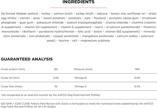 Go! Solutions Skin + Coat Care, Wet Dog Food, Pollock Pâté with Grains Sensitive Skin, 12.5 oz