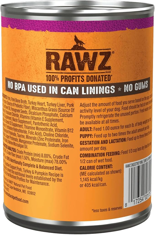 Rawz Natural Pet Food, Digestive Support Canned Dog Food, 12.5 Ounce (Pork/Turkey & Pumpkin) Case of 12 Cans