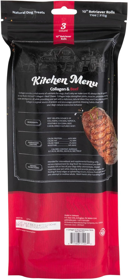 Rustic Kitchen Real Beef Collagen Sticks for Dogs, Collagen Retriever Roll 10" - 3ct, Dog Chews Long Lasting, Rawhide Free for All Dog Breeds