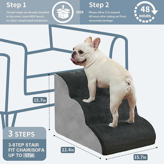BOMOVA Dog Stairs to Bed, 3-Step Dog Steps for High Bed and Couch, Dog Stairs for Small Dogs, Non-Slip Bottom Pet Stairs, Pet Steps Indoor, Grey, 2/3/4/5 Steps