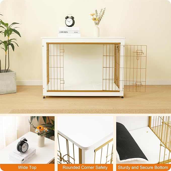 DWANTON Dog Crate Furniture with Cushion, Wooden Dog Crate Table, Double Doors Dog Furniture, Indoor Dog Kennel, Dog House, Dog Cage Large, 38.5" L, White