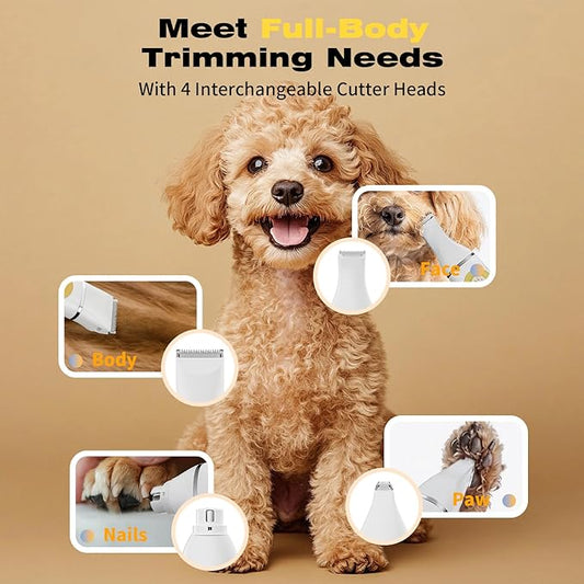 Dog Clippers Grooming Kit with 4 in 1 Tools, Cordless Dog Paw Trimmer & IPX7 Waterproof & Nail Grinder, Low Noise Quiet Design with Silicone Grip for Dogs and Cats