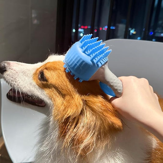 QMEAKMONY Dog Bath Brush Shampoo Brush Scrubber for Bath with Soap Dispenser Soft Bristles Deep Cleaning Ergonomic Handle for Grooming Shedding and Long Short Haired Dogs (Blue)