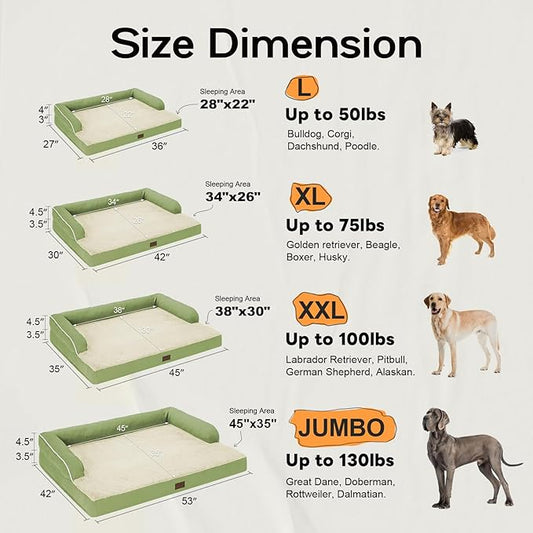 Large Dog Bed Orthopedic Washable - Beds Bolster - Extra XL XLarge Big Dogs - Memory Foam Couch Sofa - Waterproof with Removable Cover - Grass Green Dog Bed
