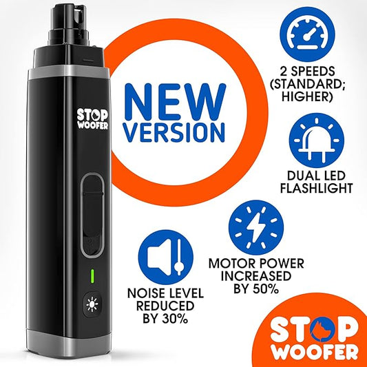STOPWOOFER Dog Nail Grinder with 2 LED Light for Small Medium Large Dogs - New Version 2-Speed Powerful Electric Pet Nail Trimmer Quiet Painless Paws Grooming - Rechargeable Pet Nail Grinder for Dogs
