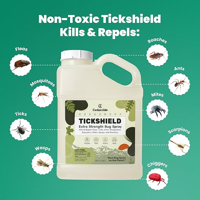 Cedarcide Extra Strength Tickshield | Deep Woods Cedar Oil Tick & Mosquito Repellent Spray for People, Pets, & Indoors | Kills & Repels Fleas, Ticks, Ants, Mites & Mosquitoes | Gallon