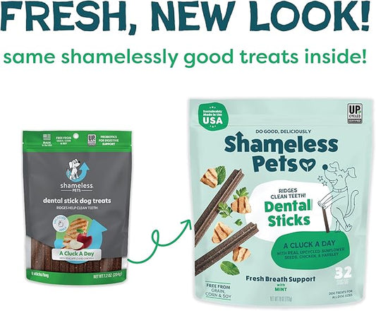 Shameless Pets Dental Treats for Dogs, A Cluck A Day (32 Sticks) - Sticks With Digestive Support for Teeth Cleaning & Fresh Breath - Dog Bones Chews Free From Grain, Corn & Soy
