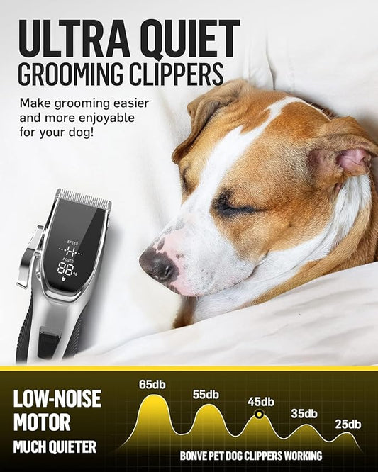 Dog Grooming Kit Low Noise,Cordless 4 in 1 Dog Clippers for Grooming Rechargeable Pet Cat Hair Trimmer with 2 Speed,6 Guards,Scissors,Comb for Small Medium Large Pets Dogs Cats Thick Hair Cutting