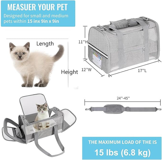 Cat Carrier for Cats, Soft Side Pet Carrier for Cats Small Dog, Collapsible Travel Dog Carrier Bag, Oeko-TEX Certified TSA Airline Approved Cat Carrier Backpack for Cats 15 lbs (Gray)