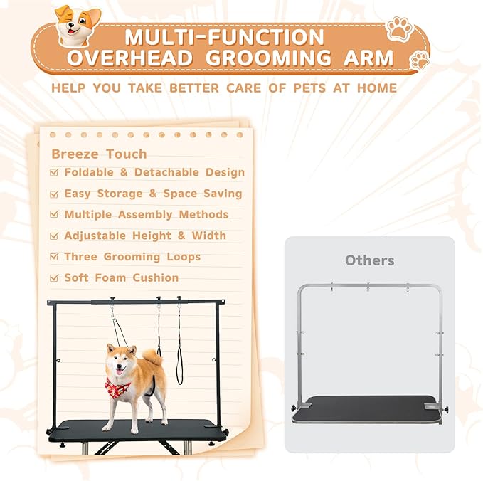 Breeze Touch Dog Grooming Table Arm - Overhead Pet Grooming Arm 39" H Adjustable, Foldable Cat and Dog Grooming Arm with Clamps Cat Grooming Loops for Small Medium Large Dog, Not Include Table