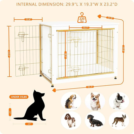 DWANTON Dog Crate Furniture with Cushion, Wooden Dog Crate Table, Double Doors Dog Furniture, Indoor Dog Kennel, Dog House, Dog Cage Medium, 32.5" L, White