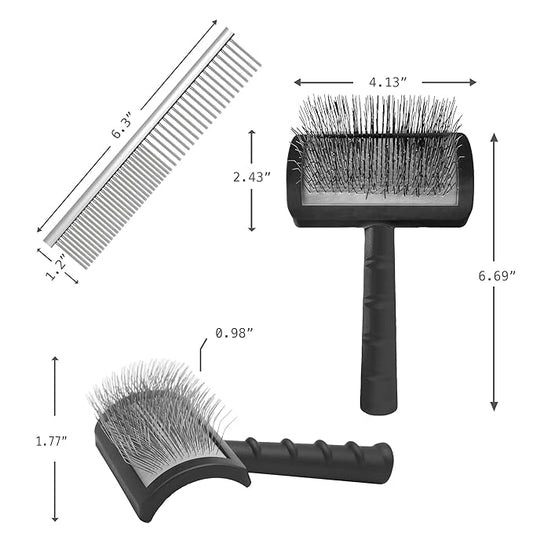 Large Slicker Brush & Pet Comb Value Kit, Extra Long Pin Dog Grooming Wire Brush and Deshedding, Removes Long and loose Hair & Undercoat, Black-comb, Hair Type: Curly, Unisex