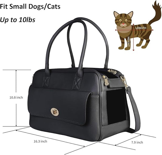 Fashion Pet Carrier Dog Purse Carrier Cat Soft-Sided Carriers for Puppy Kitten, Stylish Leather Handbag Tote Travel Pet Bag for Small Dogs Cats, TSA Airline Approved (Black)