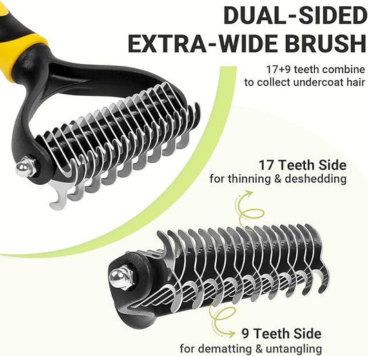 MIU COLOR Pet Grooming Brush, 2 Sided Undercoat Rake for Dogs & Cats, Professional Deshedding Brush and Dematting Tool, Effective Removing Knots, Mats, Tangles for Cats, Dogs, Extra Wide (Yellow)