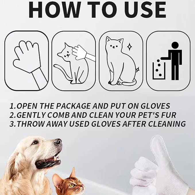 Pet Bathing Wipes for Dogs & Cats, Cleaning & Deodorizing Grooming Gloves, Nourish Fur Glove Wipes for Daily Care and Traveling, Rinse Free,6 PCS, white