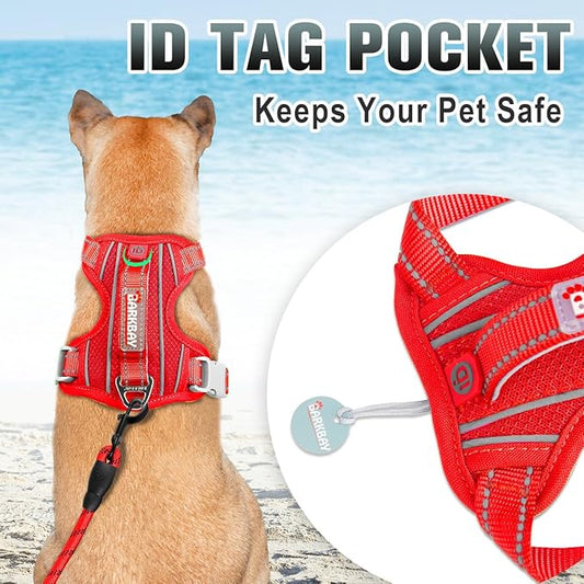 BARKBAY No Pull Dog Harness Large Reflective Dog Harness with Front Clip and Easy Control Handle for Walking Training Running with ID tag Pocket(Red,XS)