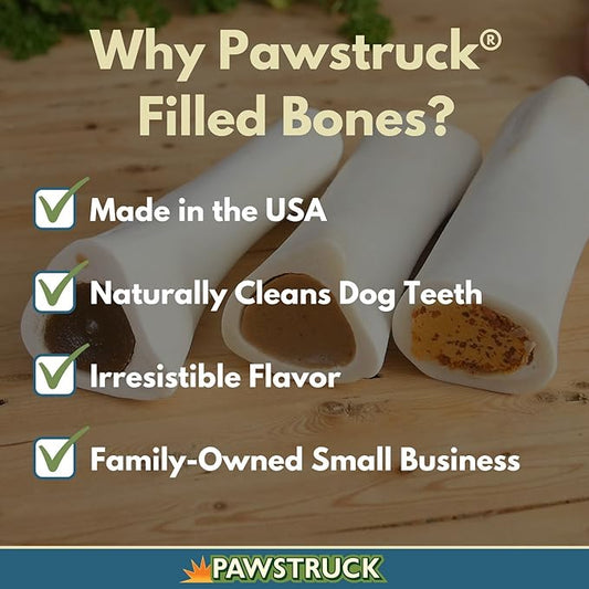 Pawstruck Small 3” Filled Dog Bones Variety Pack - Peanut Butter, Cheese & Bacon, Beef Flavors - Made in USA Long Lasting Stuffed Femur Treat for Aggressive Chewers - Pack of 3 - Packaging May Vary