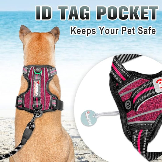 BARKBAY No Pull Dog Harness Large Reflective Dog Harness with Front Clip and Easy Control Handle for Walking Training Running with ID tag Pocket(Pink/Black,XL)