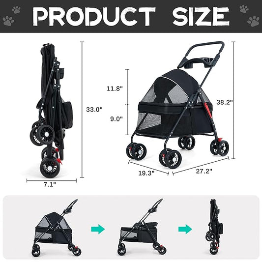 Pet Stroller 4 Wheels Dog Cat Stroller,Pet Folding Stroller,Foldable Dog Cat Cage Jogger Stroller with Storage Basket and Cup Holder,Breathable and Visible Mesh for Medium Small Dogs Cats