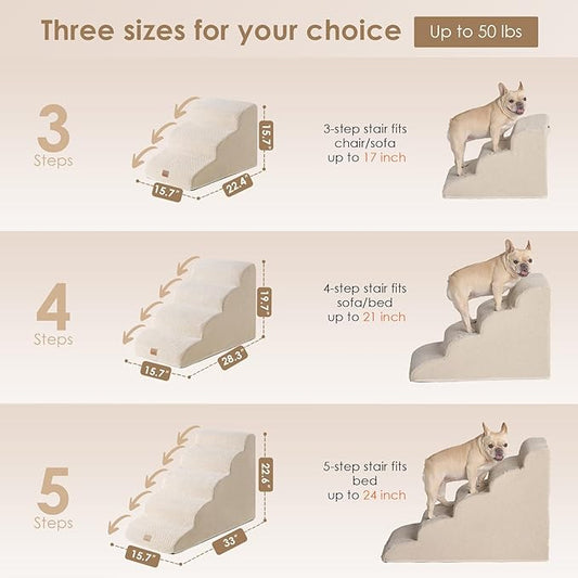 EHEYCIGA Curved Dog Stairs Ramp for Small Dogs 15.7" H, 3-Step Dog Steps for Couch Sofa and Chair, Pet Stairs for Cats, Non-Slip Balanced Pet Steps Indoor, Beige