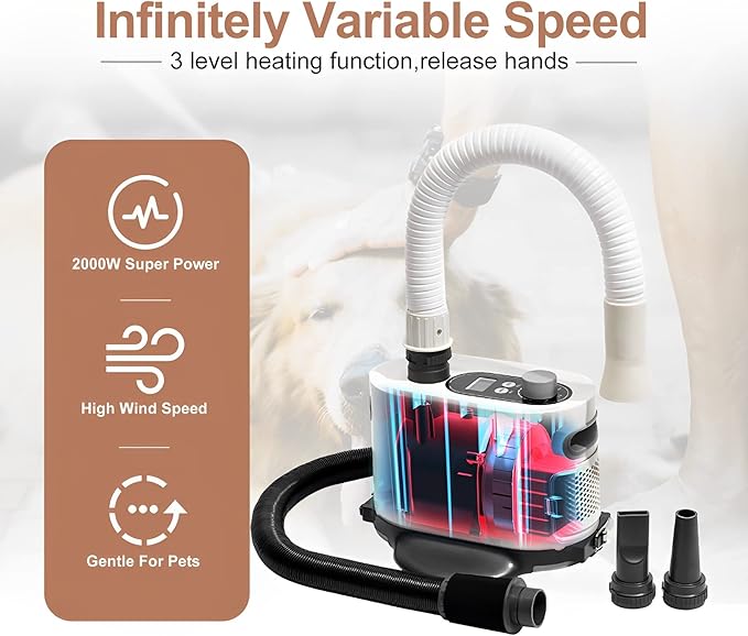 Free Hands Easy pet Grooming Dryer for Cats and Dogs & Drying Tool After Bath LCD Display 2 Soft&Hard Blowpipe Adjustable Temperature and Speed Quiet