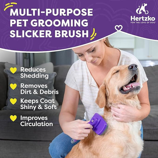 Hertzko Dog Brush - Self-Cleaning Slicker Brush for Dogs and Cats - Gently Removes Loose Hair, Tangles, and Dirt - Regular Size Grooming Brush for Sensitive Skin, Suitable for Long or Short Coats