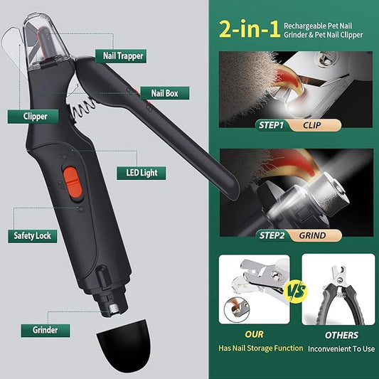 2-in-1 Dog Nail Grinder & Dog Nail Clippers Trimmers for Large Medium Small Dogs Cats Pets Claw Trimmer Quick Sensor and Safety Guard USB Rechargeable with 2 LED Lights Dogs Nail Trimmer
