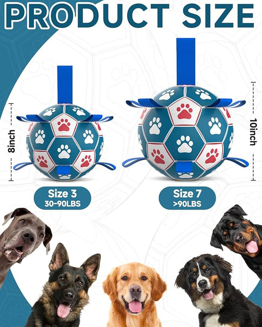 QDAN Dog Toys Soccer Ball with Straps - Durable Dog Balls for Giant Extra Large Dogs, Outdoor Dog Toys, Dog Water Toy, Herding Ball, Dog Birthday Gifts (10 Inch)