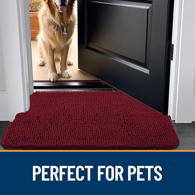 OLANLY Dog Door Mat for Muddy Paws 47x24, Absorbs Moisture and Dirt, Absorbent Non-Slip Washable Mat, Quick Dry Chenille, Mud Mat for Dogs, Entry Indoor Door Mat for Inside Floor, Burgundy