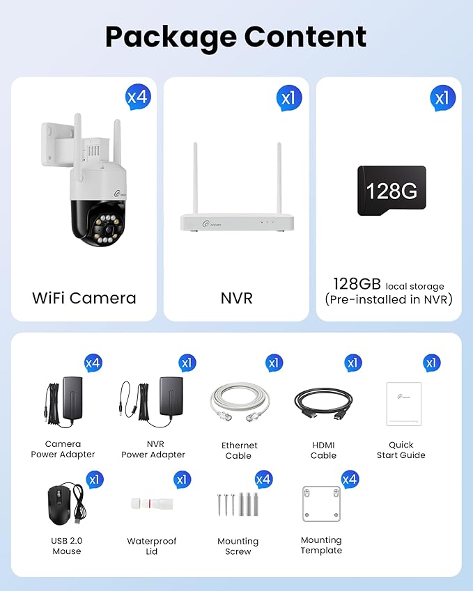 Loocam 5MP Wireless Security Camera System Wi-Fi 6, Color Night Vision, 355° Pan 95° Tilt, Light & Siren Alarm, Human Vehicle Detection, Two-Way Audio for Indoor Outdoor,8CH NVR 128GB Local Storage