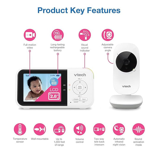 VTech VM819 Baby Monitor with Camera and Audio, 2.8” Screen Portable Baby Camera, Night Vision, 2-Way Audio, Temperature Sensor and Lullabies, Secure Transmission No WiFi, Ideal for Baby/Elderly/Pet