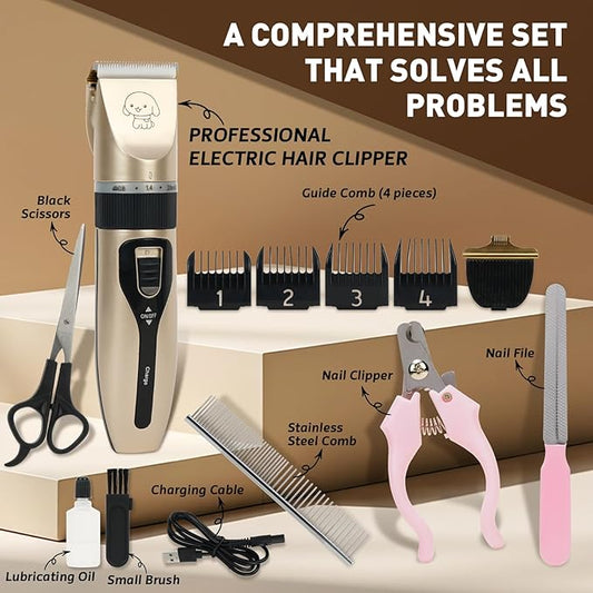 PRO LASHBEAUTY Dog Grooming Kit,Dog Clippers for Grooming,Low Noise, Electric Quiet, Rechargeable, Pet Hair Thick Coats Clippers Trimmers Set, Suitable for Dogs, Cats, and Other Pets