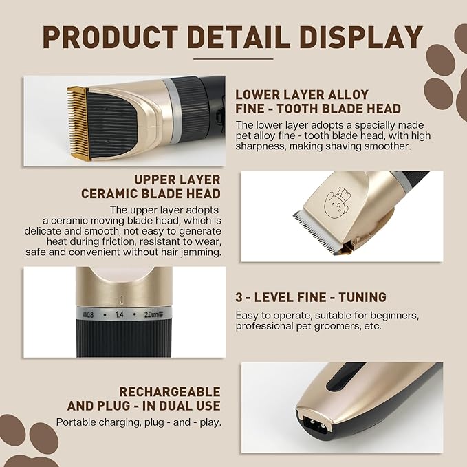 PRO LASHBEAUTY Dog Grooming Kit,Dog Clippers for Grooming,Low Noise, Electric Quiet, Rechargeable, Pet Hair Thick Coats Clippers Trimmers Set, Suitable for Dogs, Cats, and Other Pets