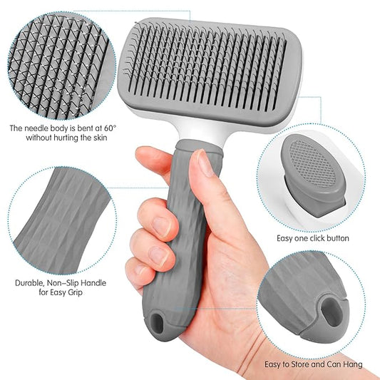 Self Cleaning Slicker Brush for Pets, Removes Loose Undercoat & Portable Comb for Long Short Haired Dogs & Cats (Gray)