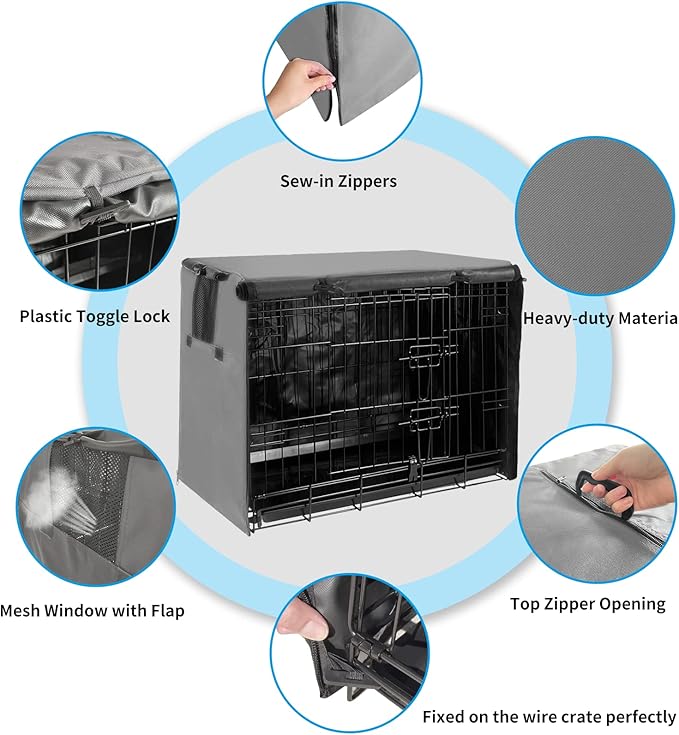 Small Dog Crate Cover, 24 Inch Kennel Cover for Wire Cage with 1-3 Doors, Indoor Waterproof 600D Oxford Fabric Gray