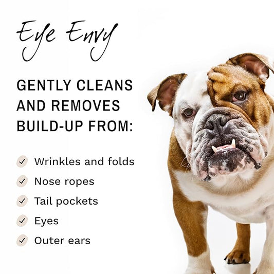 Eye Envy Bulldog Wrinkle Wipes. Wrinkle Wipes for French Bulldog, Pug, English Bulldog. Cleans Wrinkles, Bulldog Tail Pockets. Removes Stains and Odors. Natural, Unscented Wipes. USA Made. 60 Count